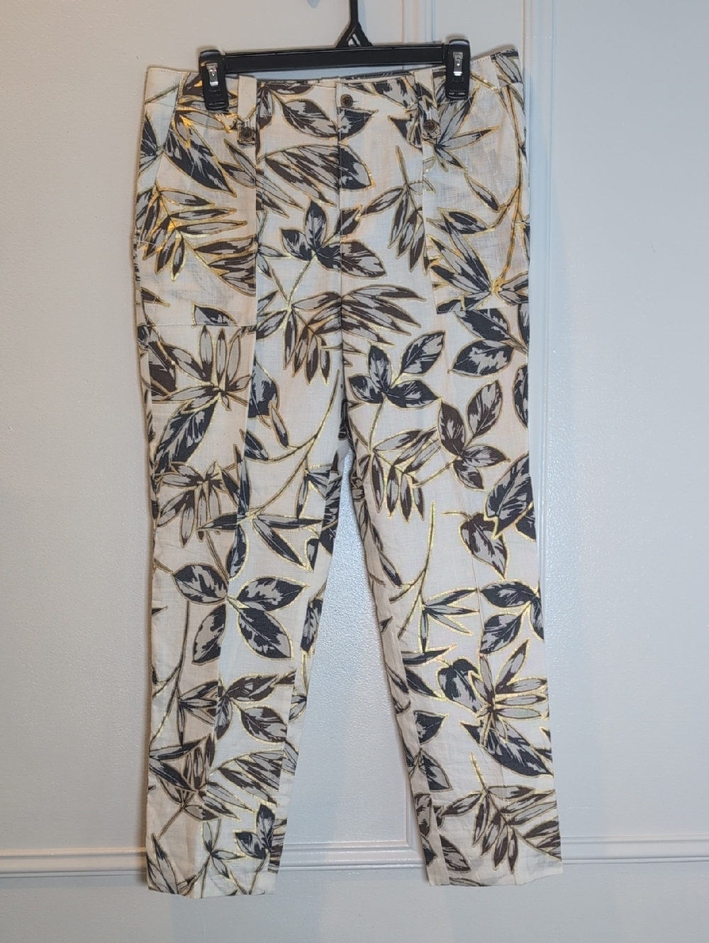 J. Crew Cream Pants with Black Leaf Print and Gold Accents